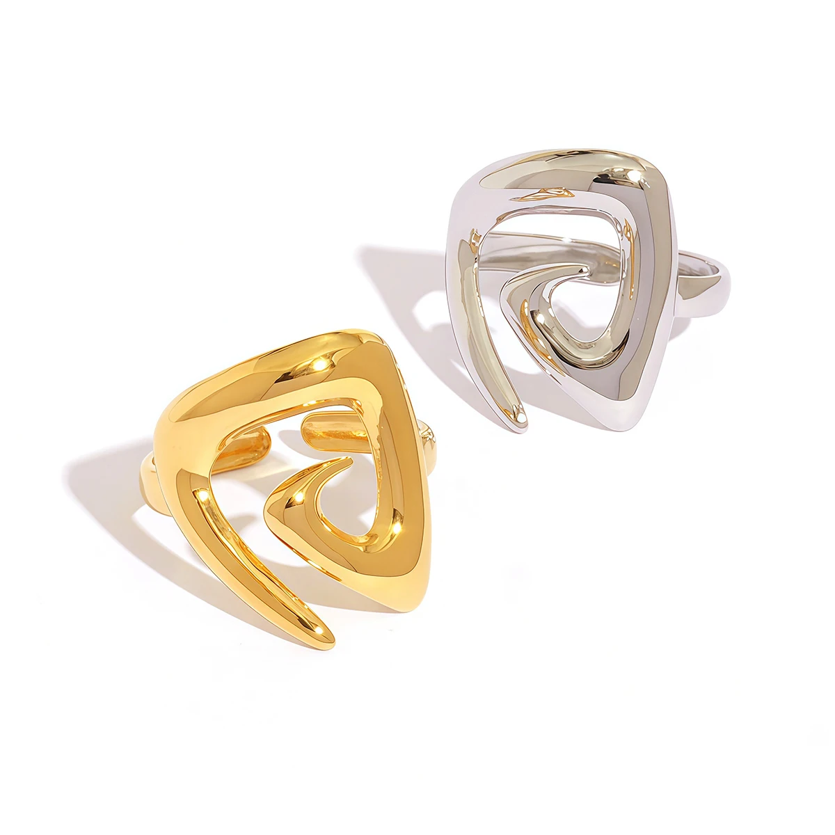 Geometrischer, hohler, geschichteter, breiter Ring aus Edelstahl, Metallstruktur, wasserdicht, täglich, schlicht, stilvoll, goldener Schmuck für Frauen – Detail 6