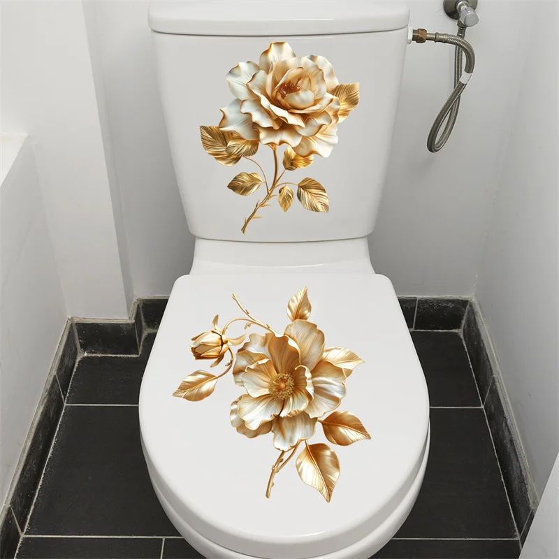 Toilet Sticker 1 Sheet Golden Flower Bathroom Toilet Cover Decorative Waterproof Self Adhesive