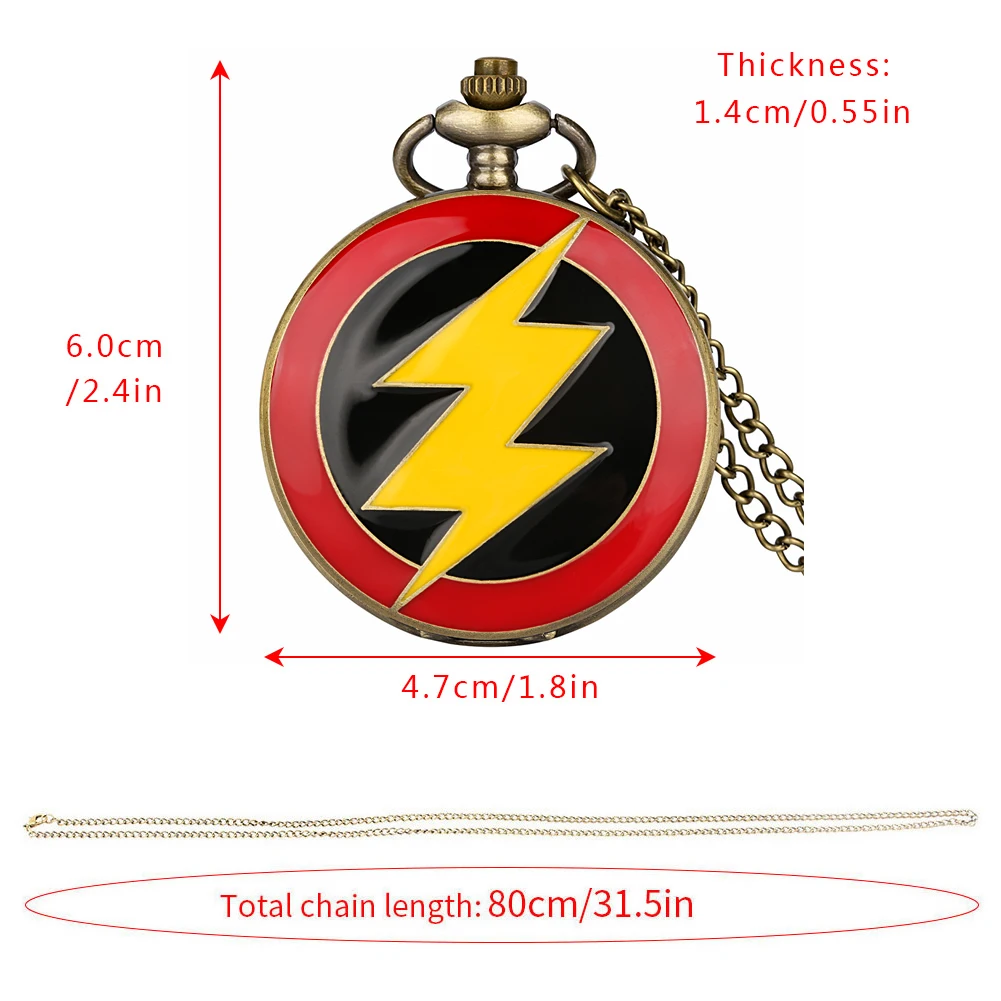 Red Bronze Graphic Yellow Flash Lightning Quartz Pocket Watch Anime Necklace Harajuku Clock Chain Cosplay Antique Gifts for Men