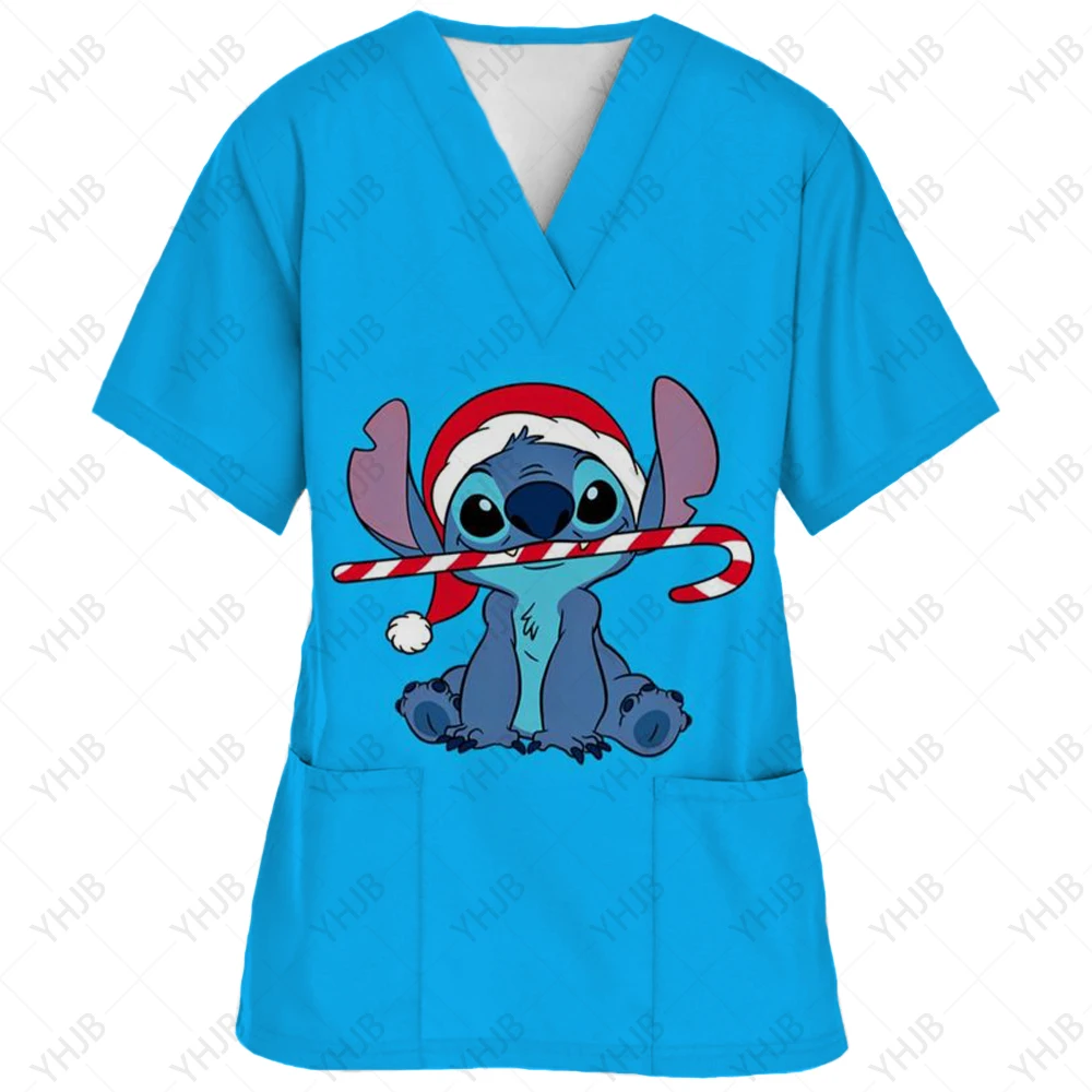 thumbnail image 1 of Blusa de uniforme de trabajo con cuello en V y cordón de manga corta con estampado de dibujos animados de Disney Stitch para mujer, 1 of 5