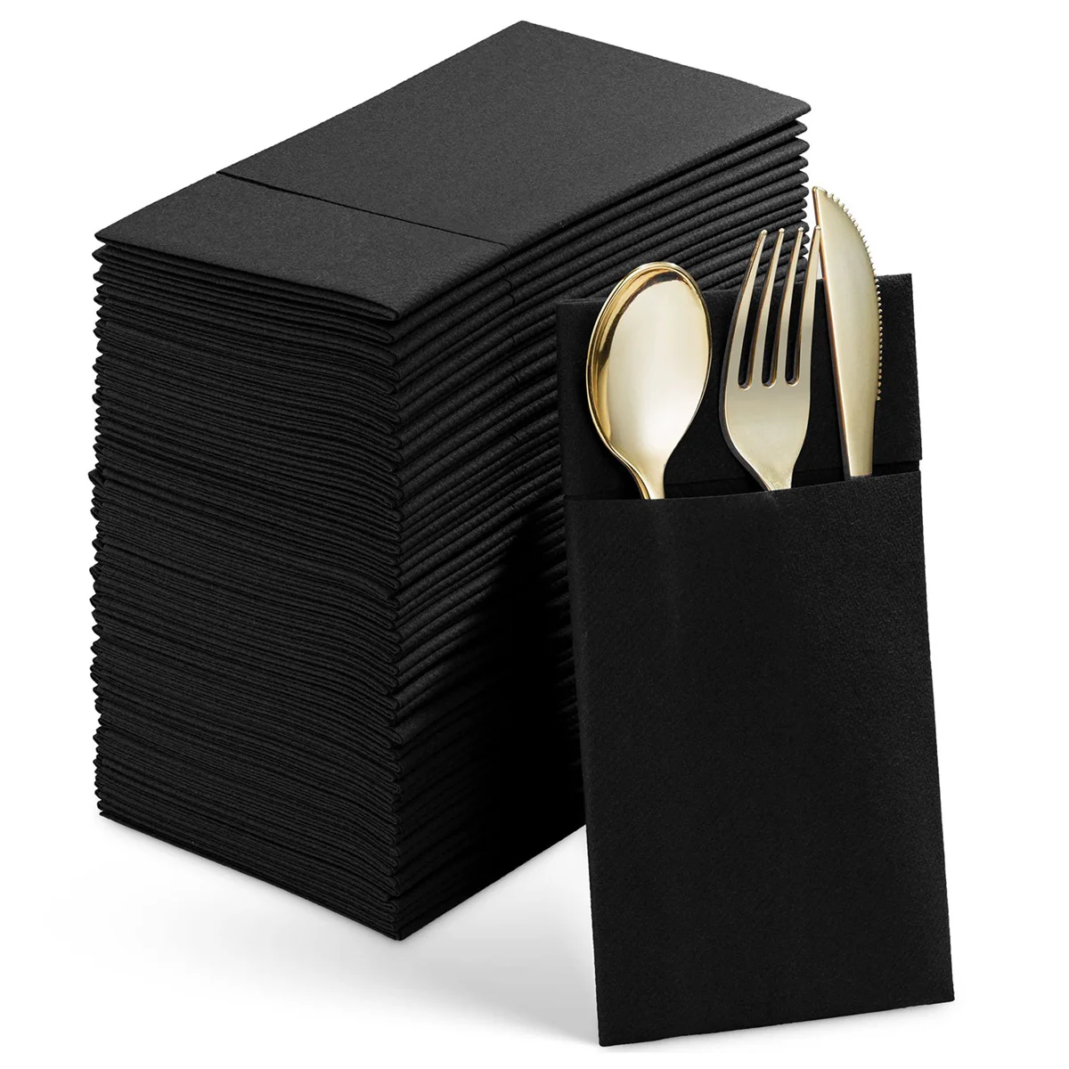 

50PCS Disposable Dinner Napkins with Built-in Flatware Pocket,Prefolded Cloth Like Paper Napkins for Wedding Party Black