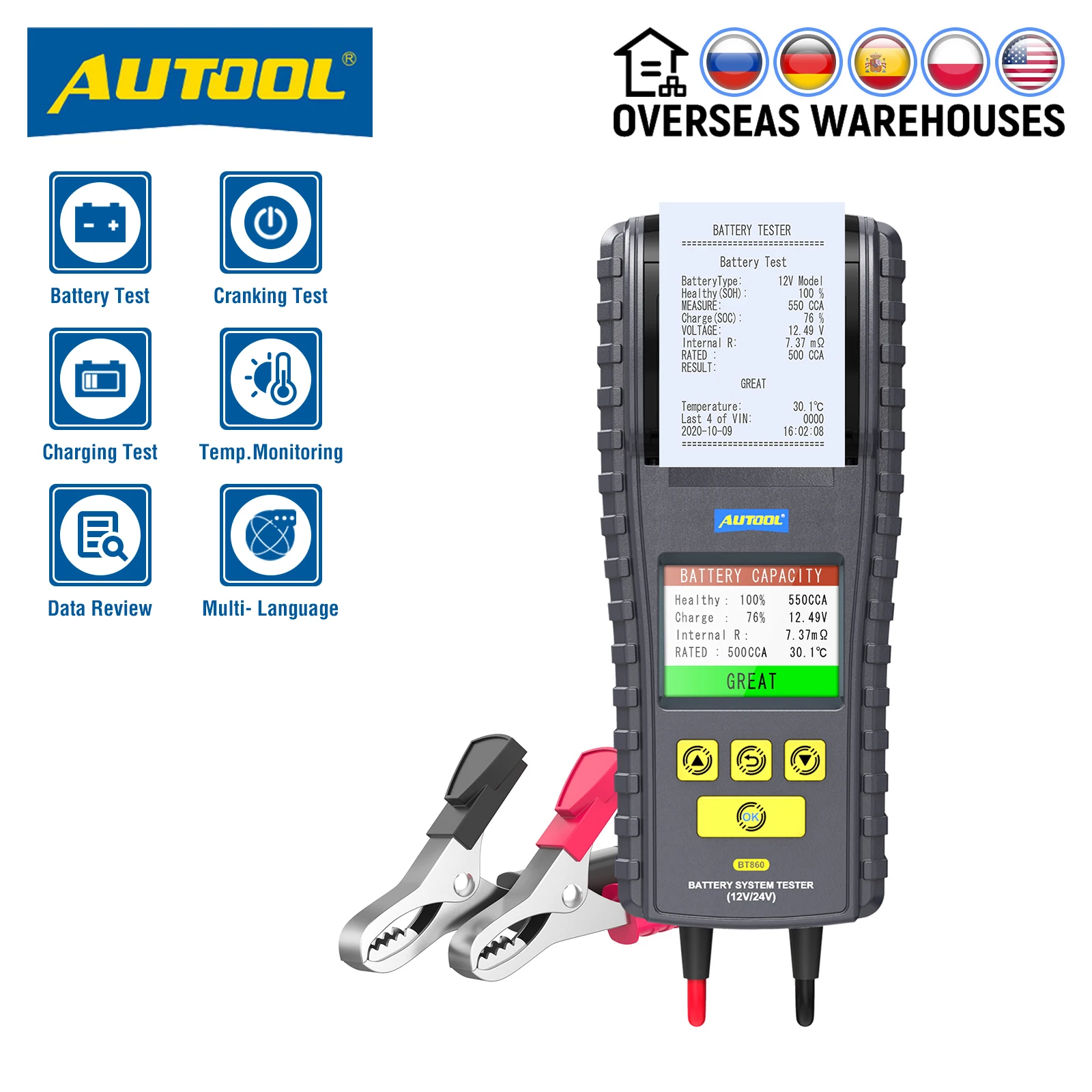 Autool Bt860 12 24v Car Battery Tester Truck Cranking Charging Test