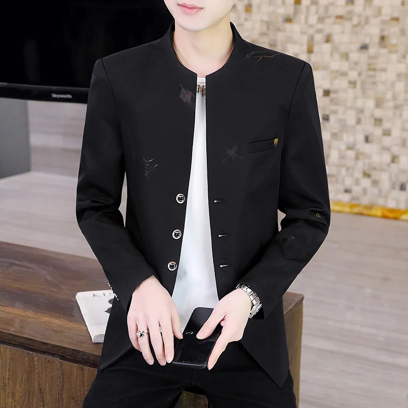 Autumn Feather Print Men Blazers Slim Fit Long Sleeve Collarless Casual Suit Jacket Korean Fashion Business Dress Coats M-4XL