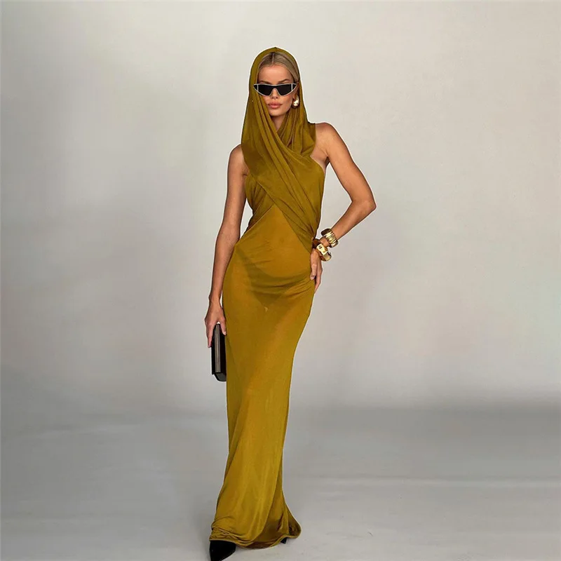 

Mesh See Through Cross Hood Backless Slim Fit Long Dress 2023 New Fashion Solid Sleeveless High Waist Robe Party Streetwear
