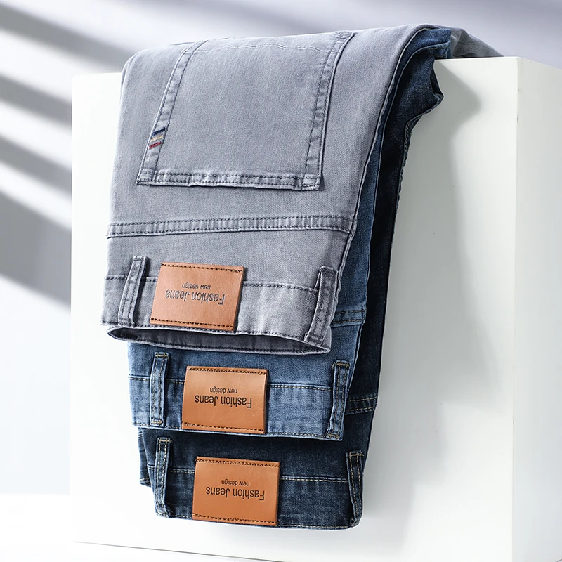 Summer Thin Light Gray Jeans Men's High-End Business Office Men's Straight Loose Elastic Casual Long Pants