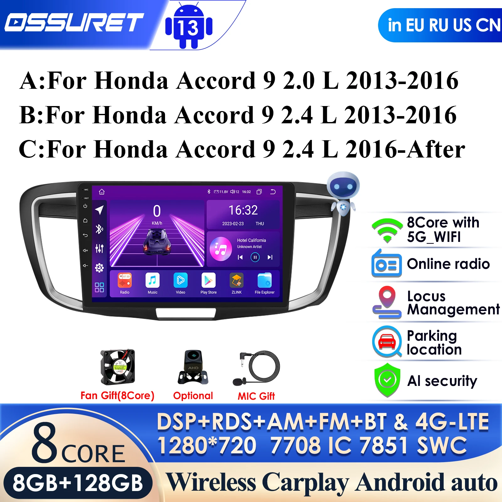 

2 Din Android 12 for Honda Accord 9 2.4L 2.0L 2012 - 2018 WiFi Car Radio Touch Screen Multimedia Player GPS Navigation Bluetooth