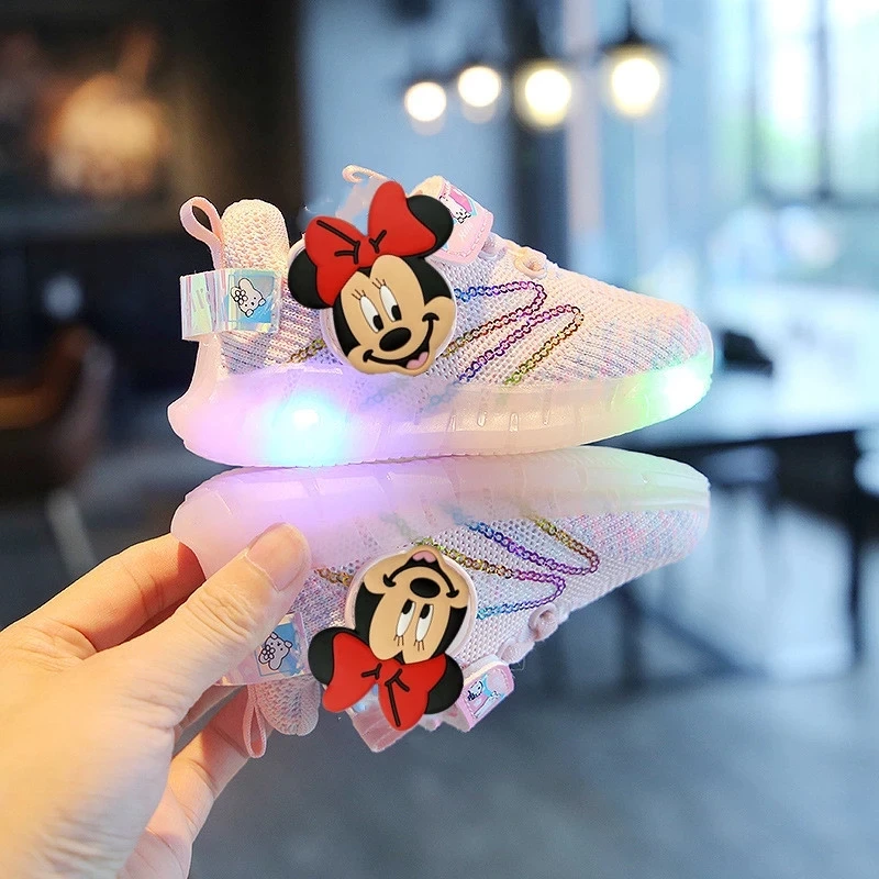 Disney children cartoon Minnie Mickey boys and girls non-slip soft sole casual shoes sports shoes student running LED running sneakers,children sports shoes