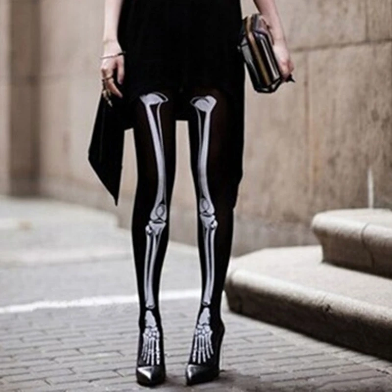Women Socks Women Pantyhose Skin Color Tights Cosplay Props Fashion Skeleton Women Leggings Cosplay Sexy Elastic Skinny Pants Holloween Sock