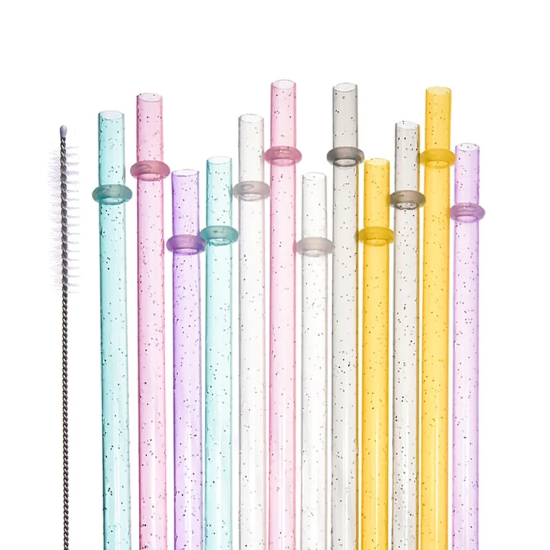 12 Pcs reusable plastic straws glitter drinking straws for Stanley Cup clear sparkle straw with cleaning brush for tumbler party reusable plastic straws