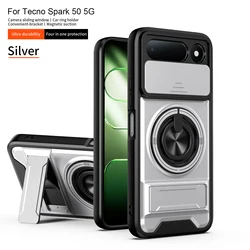 Armor Shockproof Phone Case with Sliding Camera Cover, Built - in Magnet Ring, and Kickstand for Tecno Spark 50 5G (SJZJ silver)