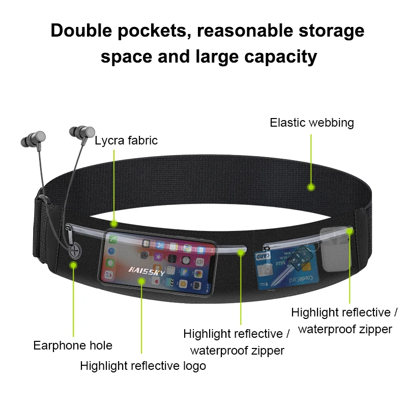 Haissky 남녀공용 방수 스포츠 러닝백, 더블 지퍼 허리띠, 휴대폰 파우치, 체육관 신축성 피트니스 허리팩 가방, 신제품