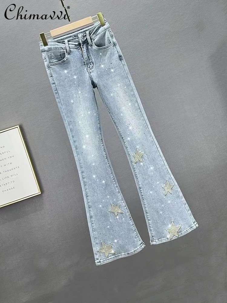 Fashion Embroidered Rhinestone High Waist Skinny Jeans 2023 Spring Autumn Elastic Slimming Women's Sequined Wide-Leg Pants