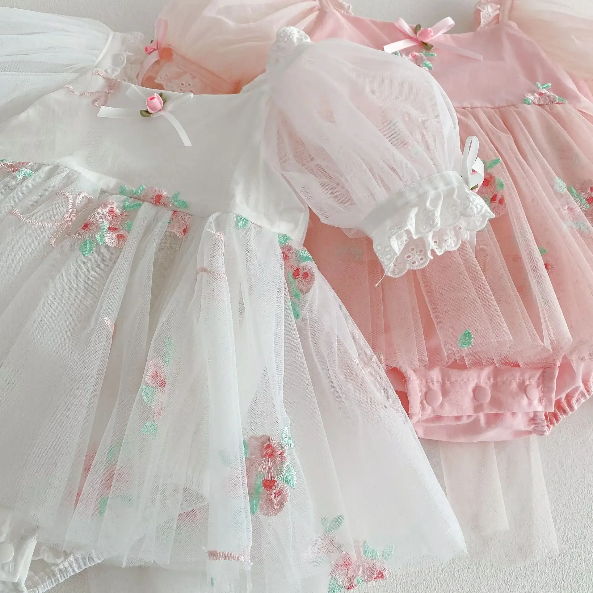 Princess Style Baby Girl Bubble Sleeve Bib Overalls Cotton Embroidered Skirt Large Bowknot Net Gown Infant Summer Clothes