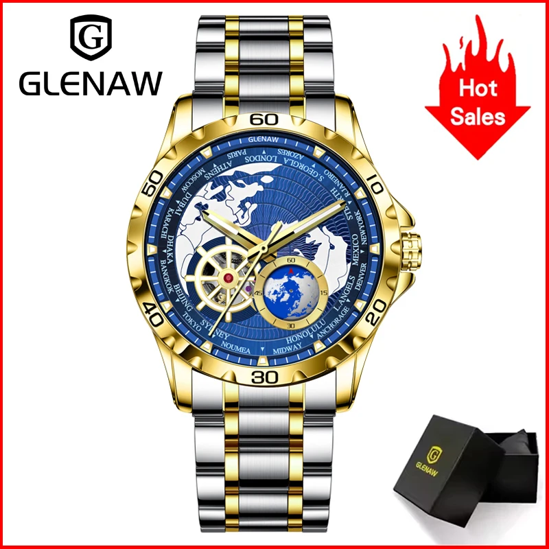 Montre mécanique de luxe GLENAW Earth Series pour homme, avec seconde main rotative, lumineuse et étanche, modèle 2025_voghion.com