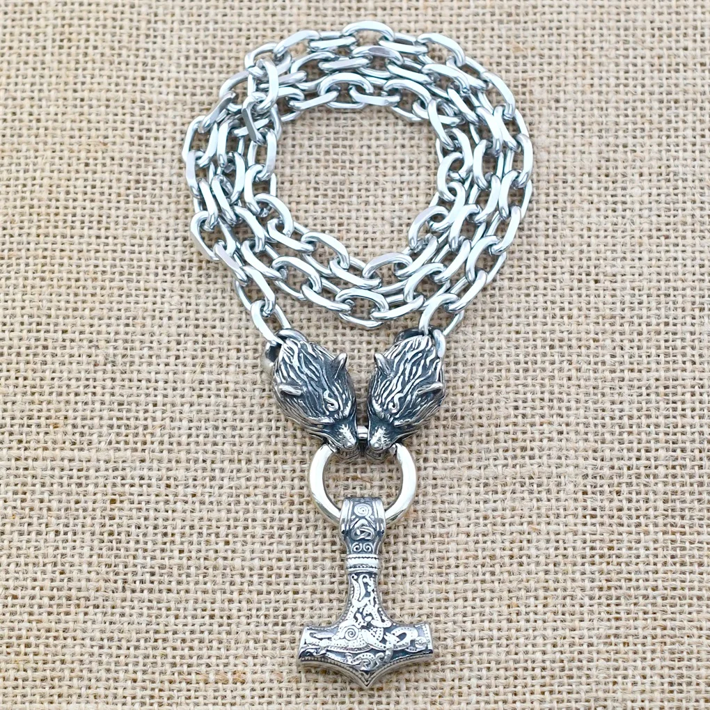 Nordic Celtic Wolf Head Chain Necklace Stainless Steel Viking Thor's Hammer Amulet Pendant Necklace Viking Jewelry