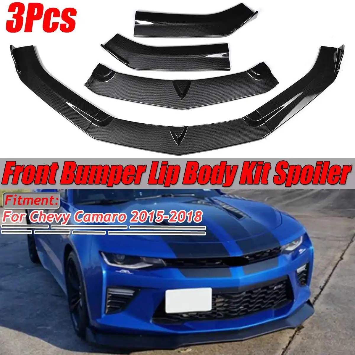 

New 3pcs Carbon Fiber Look Car Front Bumper Splitter Lip Deflector Lips Spoiler Diffuser Guard For Chevy For Camaro 2015-2018