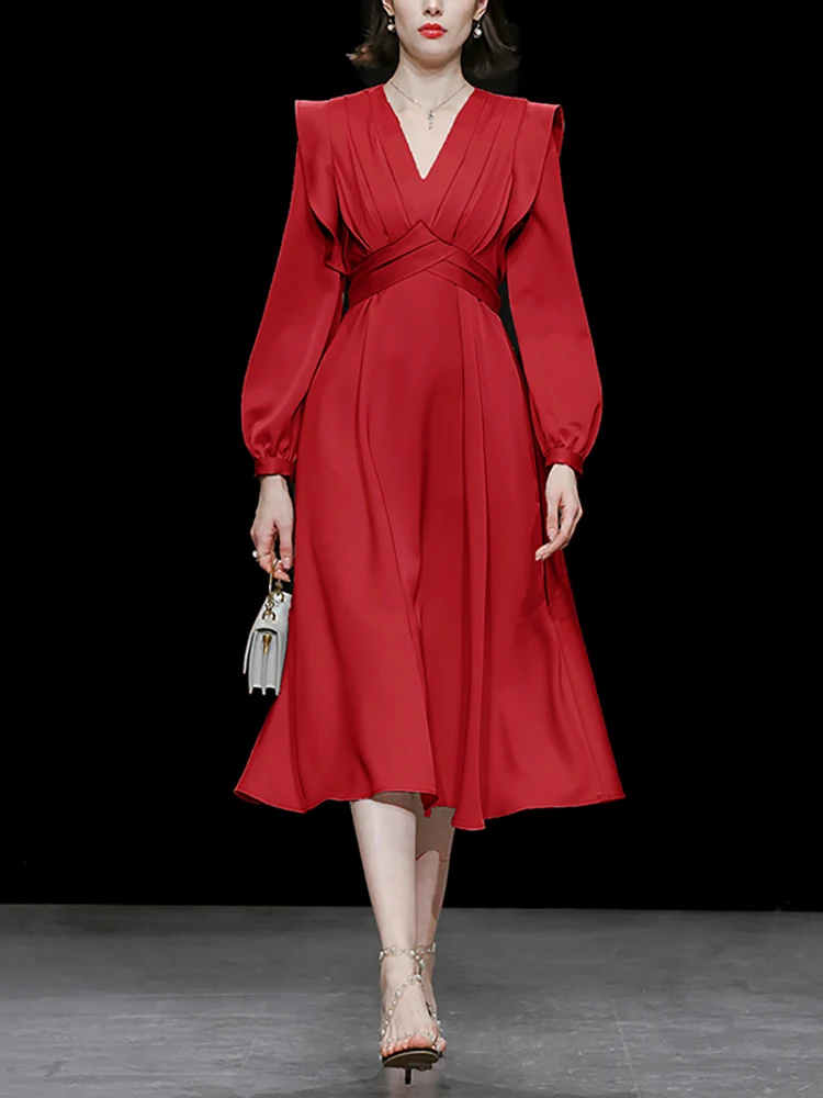 

DEAT Women's Fashion Dress Satin V-neck Long Sleeve Broad Shoulder Pleated Waist Elegant Party Dresses Autumn 2023 New 13DB3362