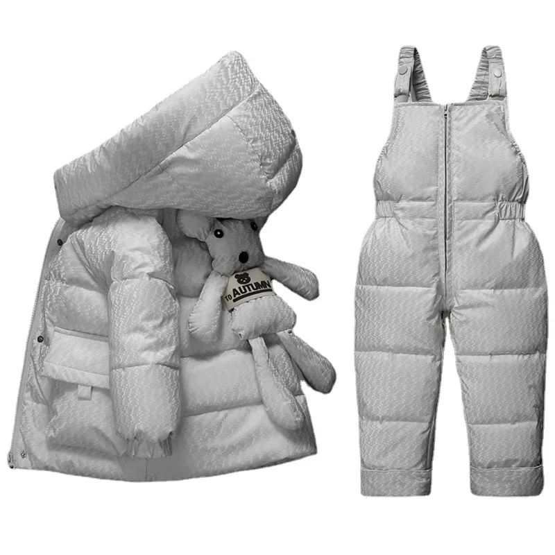 Korean Winter Baby Girl 2PCS Clothes Set Cartoon Bear Hooded Toddler Girl Down Jacket Infant Overalls Jumpsuit 1-3 Year Snowsuit