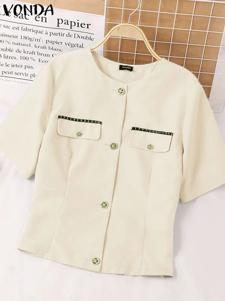 VONDA Elegant Office Shirts Women Blazer 2024 Fashion Short Sleeve Tops Solid Color Buttons Tunic Casual Loose Coats Oversized