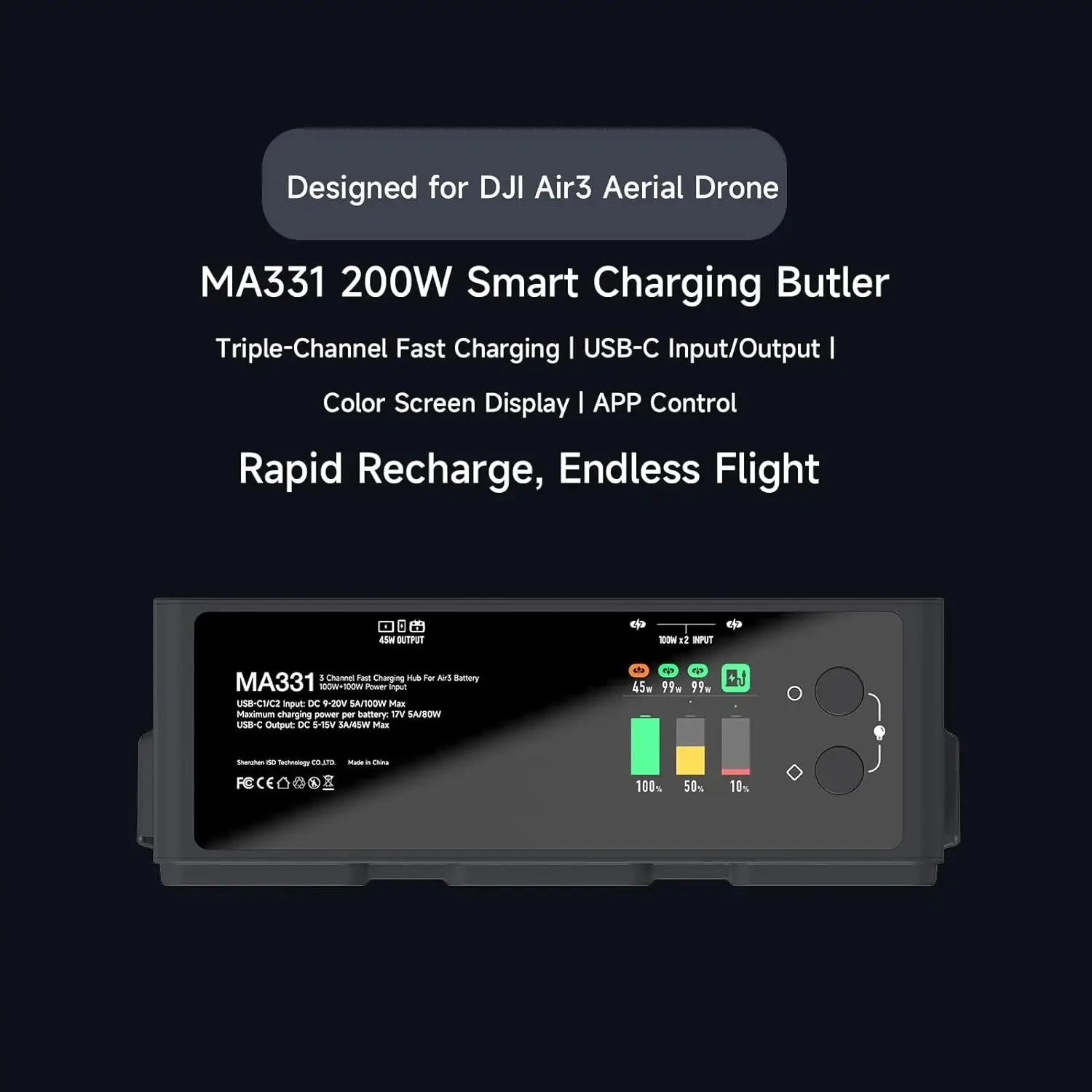 ISDT MA331 200W (Dual 100W) Smart Battery Fast Charging Butler USB Type-C Plug OTA Upgrades for DJI Air3 Aerial FPV Drone thumbnail 4