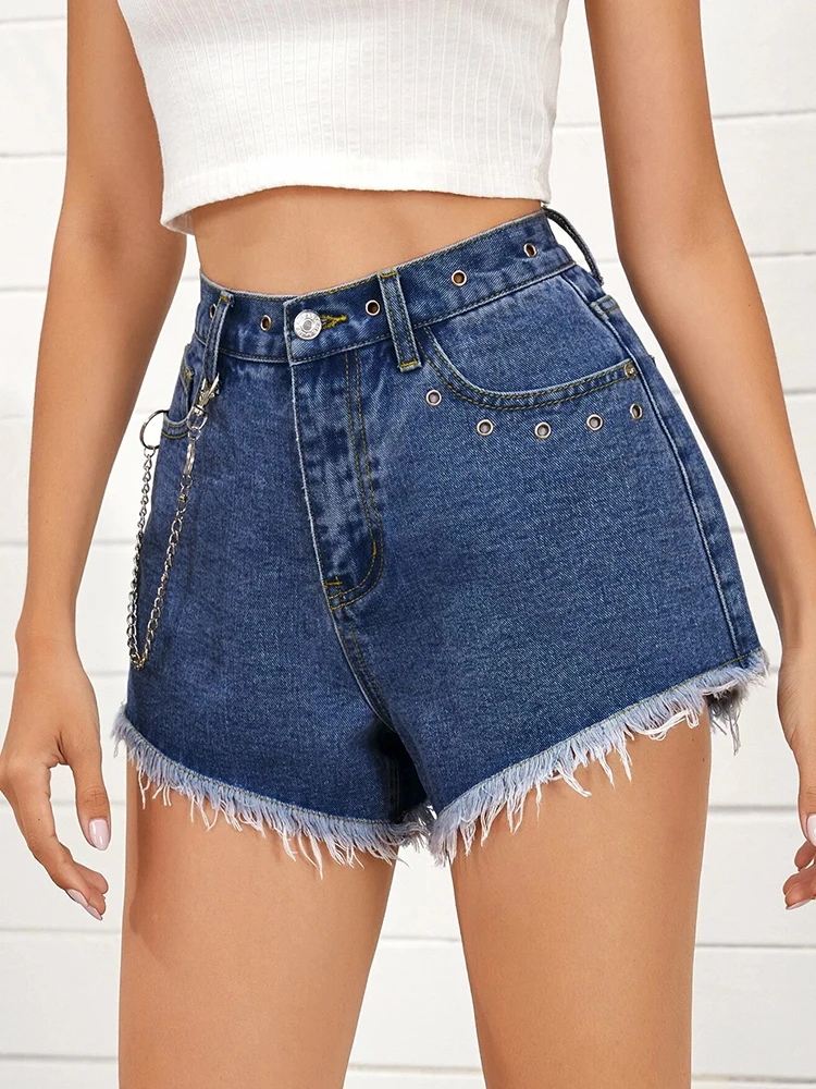 Ailegogo New Spring Summer Women Loose Tassel Blue Denim Shorts High Waist Wide Leg Hole Chain Jeans Shorts Ladies Bottoms dickies shorts