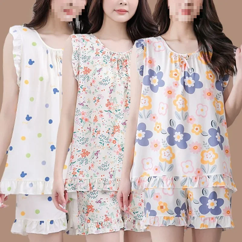 ملابس نوم نسائية صيفية رفيعة بأكمام قصيرة مزخرفة بالزهور مكونة من قطعتين ملابس منزلية لطيفة من الشيفون الناعم ثوب نوم مريح