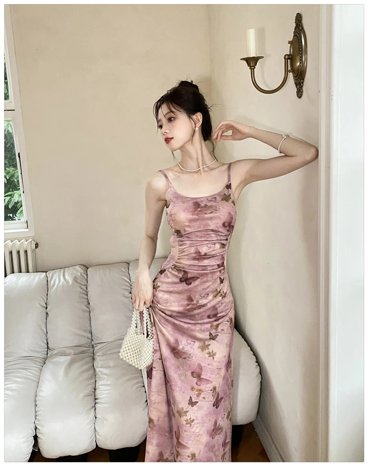 Sexy Printed Long Dresses for Women Mesh Spaghetti Strap Slim A-line Party Dress Summer Korean Fashion One Piece Vestido Mujer