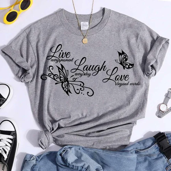 Schmetterling Live Laugh Love Print Sommer Casual T-shirts Für Frauen Kreative O Hals Kurzen ärmeln T-shirts Mode Damen T-shirt – Detail 2