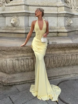 Kliou Ruched Elegant Gown Dress Woman Sequin Patchwork Halter Low-Neck Backless Sleeveless Midnight Banquet Party Long Bodycon