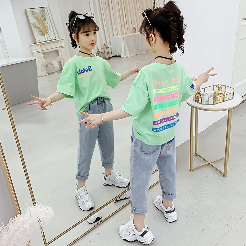 

2023 summer new girls' suit summer dress medium children Korean multi-letter short-sleeved denim capri trouser suit