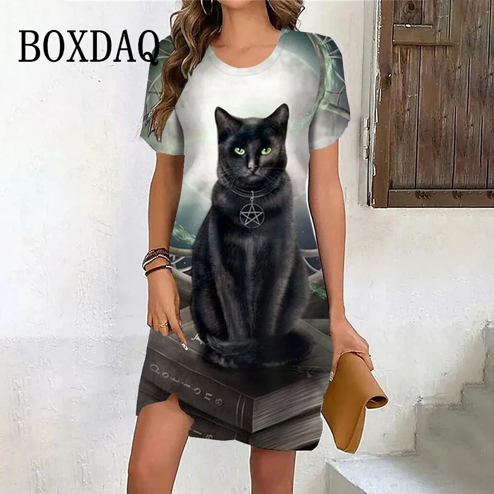 

2024 Loose Casual Large Size Dress Women's Home Daily O-Neck Short Sleeve Dress Summer Fashion Dress Black Cat 3D Printed Dress