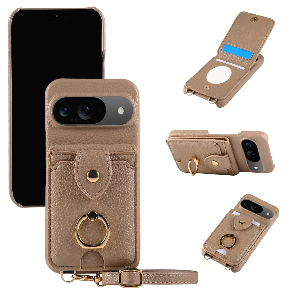 Dual-Function Leather Phone Case with Crossbody Ring and Mirror Wallet
