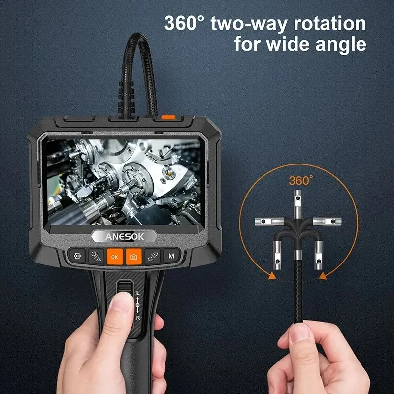 INSKAM 360&deg; Two-ways Steering Industrial Endoscope Camera 8mm 6.5mm Single&Dual Lens Inspection Borescope 5"IPS Screen For Car