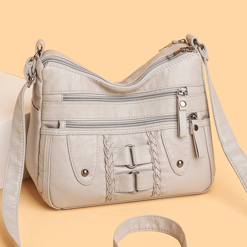 Retro multi pocket crossbody bag, soft synthetic leather shoulder bag, women's bag, with adjustable shoulder strap