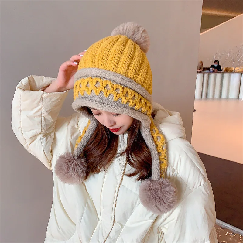 Neue Gestrickte Hut Dicke Warme Earflap Hüte Schal 2Pcs Set Fleece Gefüttert Ball Bommel Skullies Beanies Frauen Winter kaninchen Fell_voghion.com