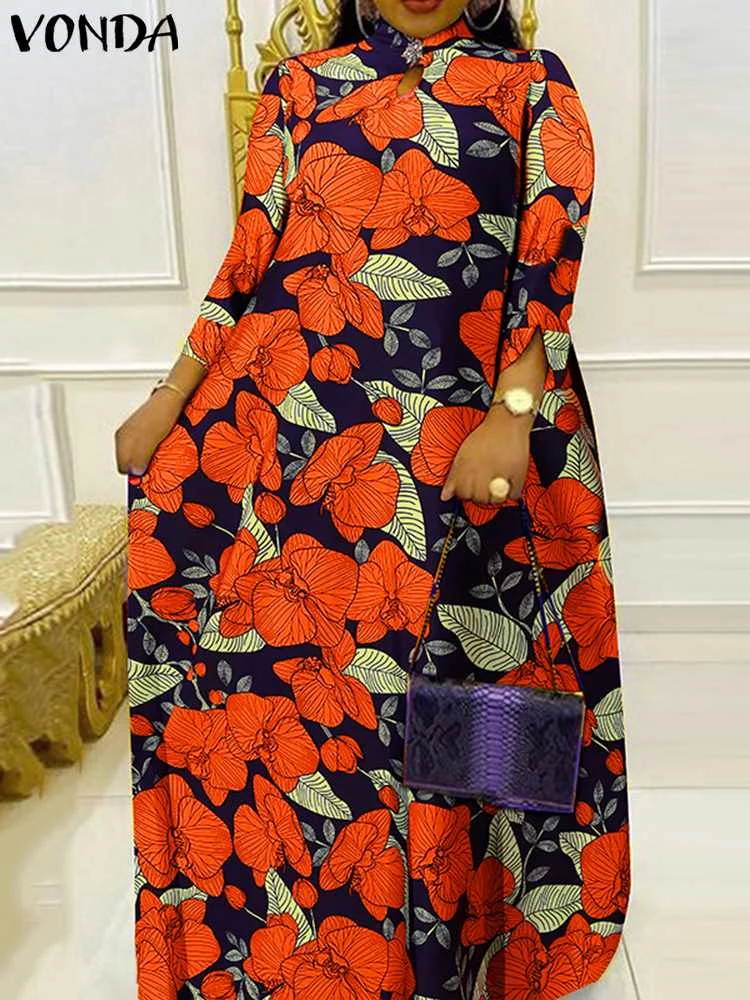 

Women Dress VONDA 2023 Elegant 3/4 Sleeve Floral Printed Maxi Sundress Hollow Casual Loose Party Vestidos Oversize