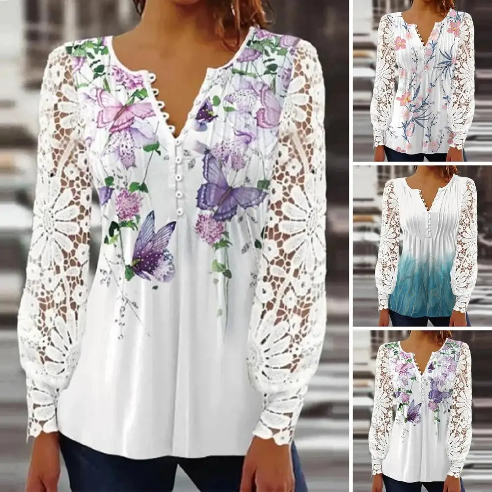 Ladies Summer Shirt Lace Stitching Long Sleeve Top Daily Wear Hollow Out Blouse See-through Spring Summer T-shirt Women Clothing