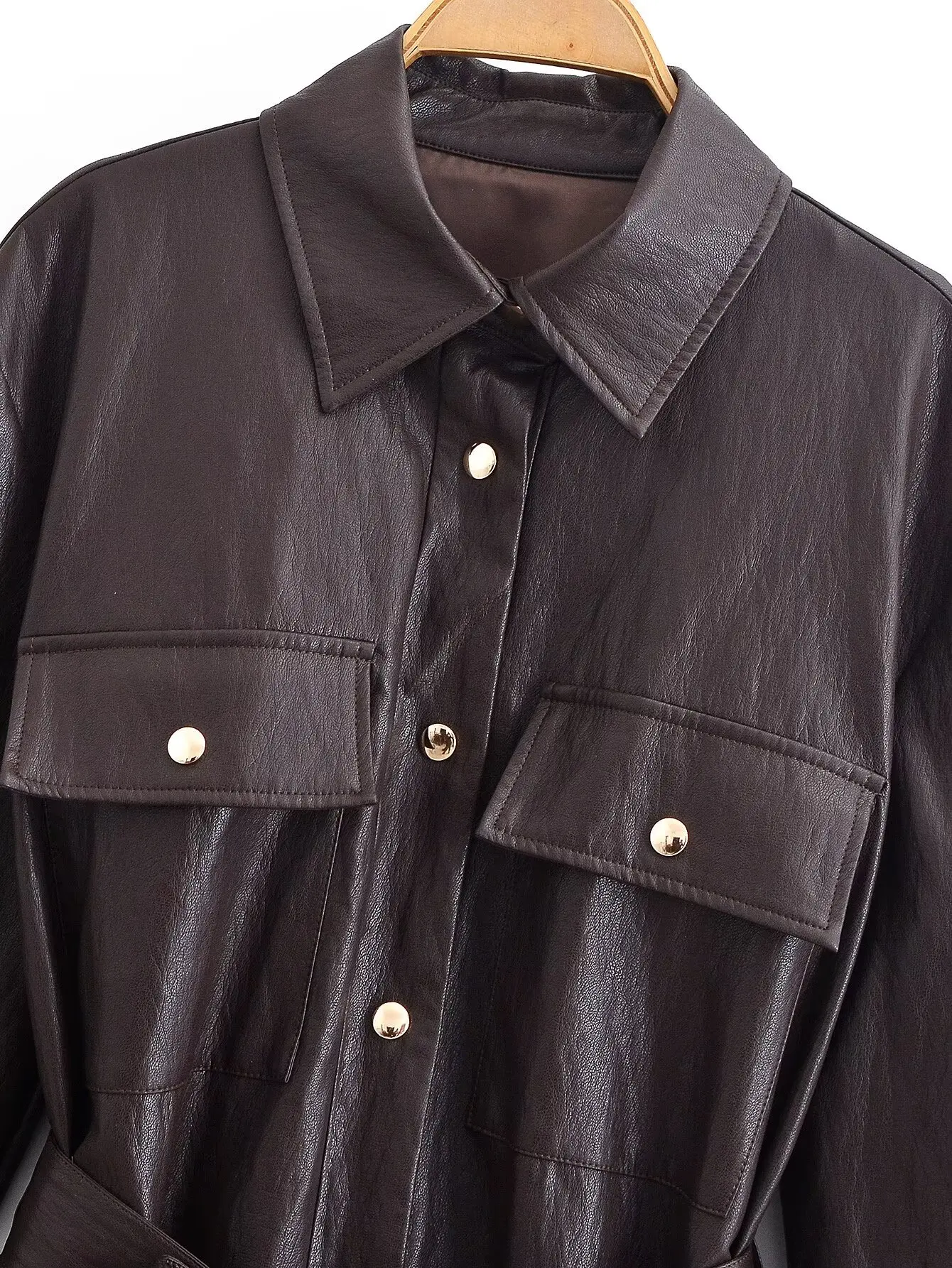 Women Fashion Elegant Faux Leather Jacket Fall Winter High Street Casual With Belted Solid Coat Female Long Sleeve Loose Outwear