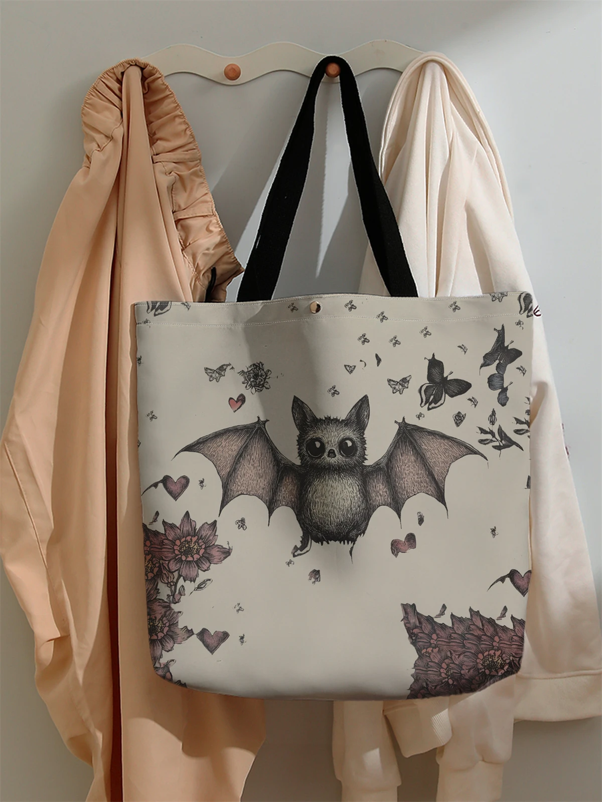 1pc， Cartoon bat pattern handbag, reusable fashionable handbag, multifunctional handbag, printed canvas shopping bag