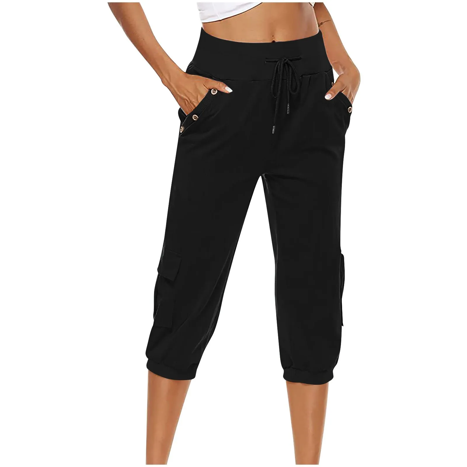 

Women'S Elastic Waist 3/4 Pants With Pockets Cotton Linen Casual Loose Solid Yoga Jogger Pants 2023 Women'S Pantaloons Pants