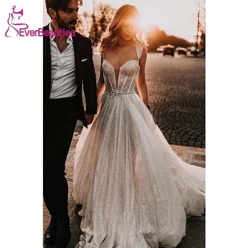 

Boho Wedding Dresses for Bride Glitter Tulle Robe De Mariée A-Line Vestidos Elegantes Para Mujer Sweetheart Wedding Gowns