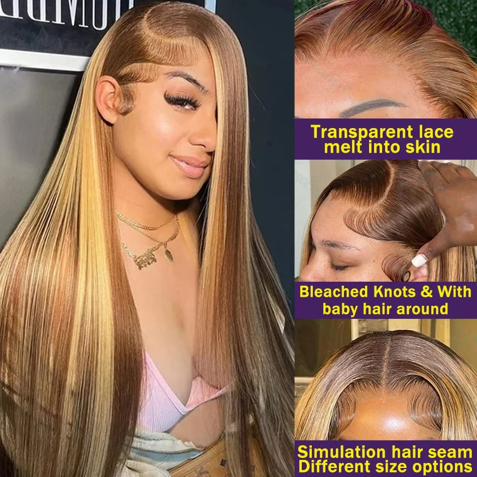 Bone Straight 13x4 Highlight 100% Human Hair Wigs HD Transparent Lace Frontal Wig 13x6 Honey Blonde Brown Pre Plucked For Women 2