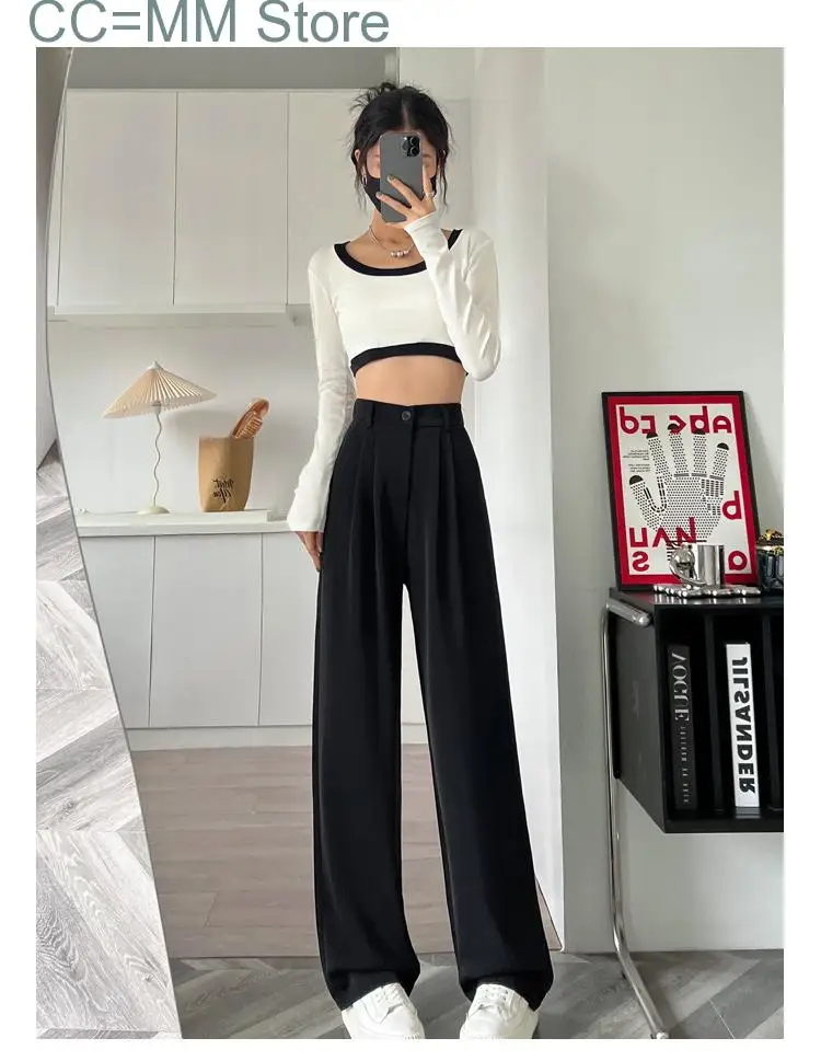 New Suits Pants Fashion Spring Office Ladies High Waisted Wide Leg Pants Women Chic Casual Loose Black Pants