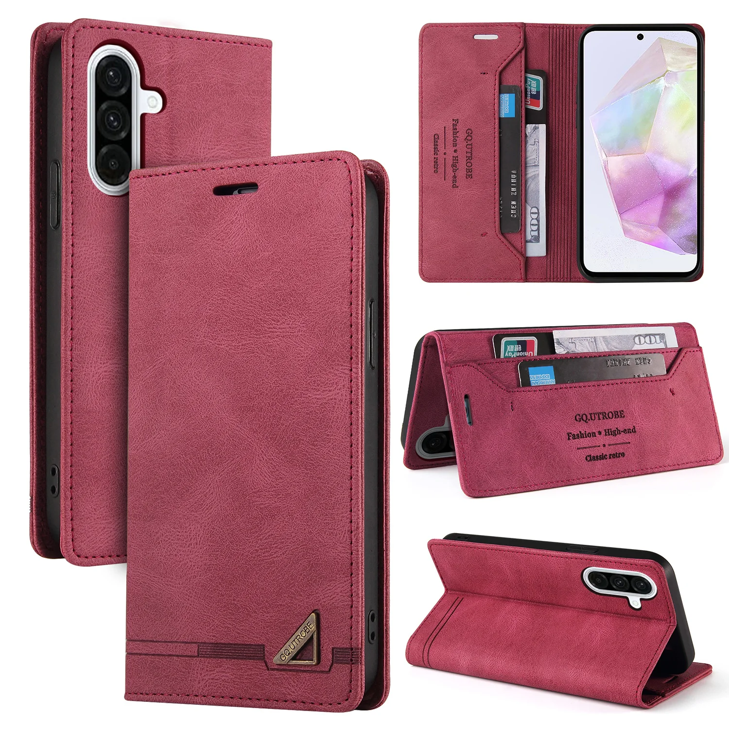 Leather Wallet Case with Card Slots, RFID Blocking, and Kickstand - Magnetic Flip Cover, Shockproof Design