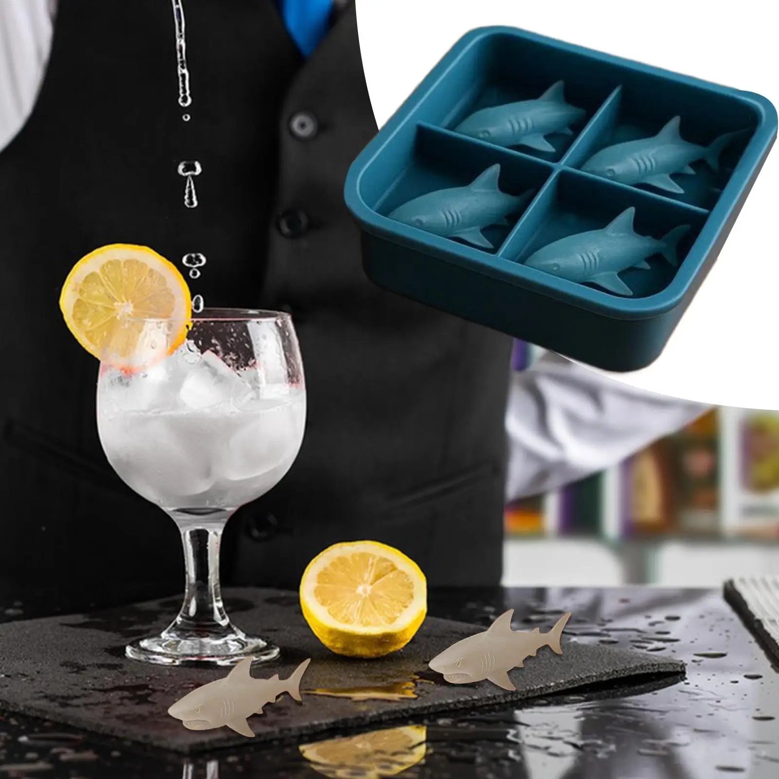 3D Silicone Whiskey Ice Cube Mold 4 Grids Cute Shark Shaped Ice making Mold Shaper Easy Release Reusable Silicone Ice Cube Mold