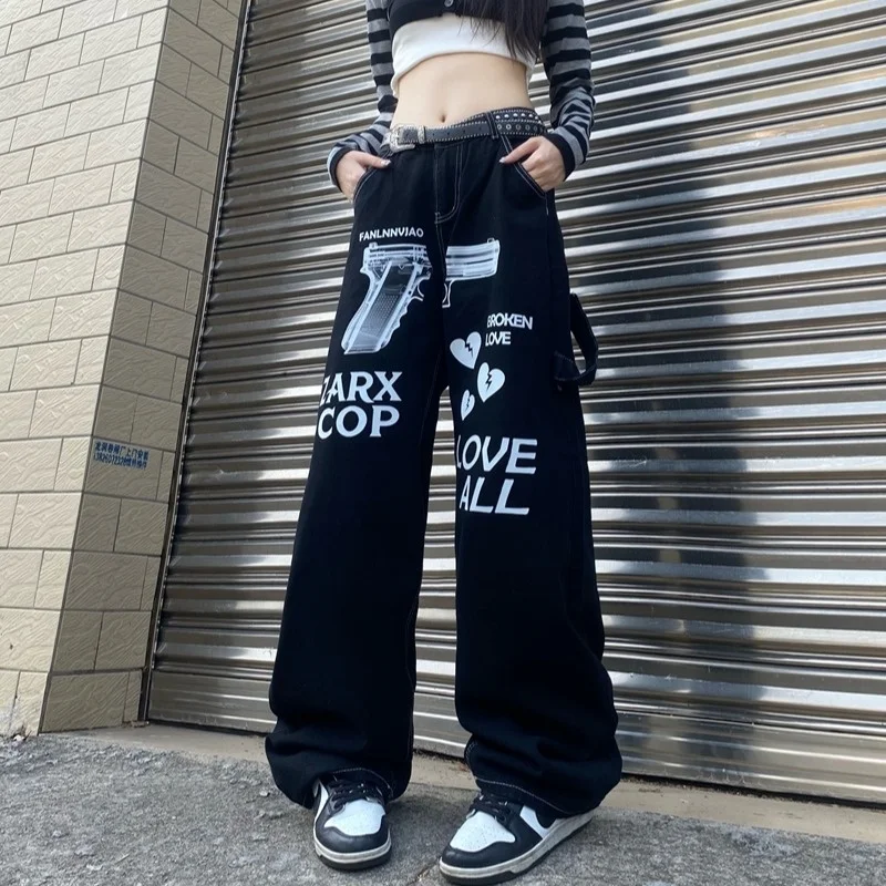 American Hiphop Gun Print Overalls Jeans Women Pants 2022 New Loose Straight Wide Leg Pants Washed Jeans Female Fashion Trousers