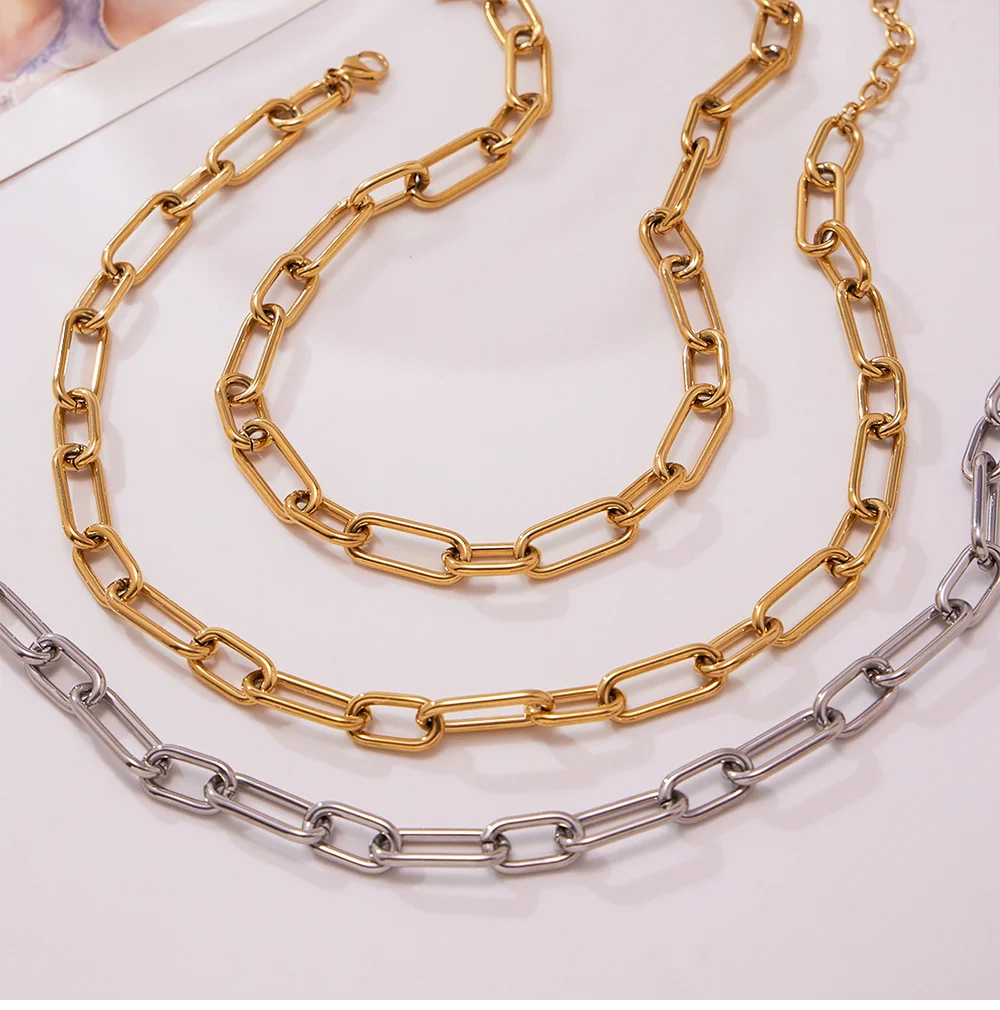 Edelstahl vergoldet klobige Kette Halskette für Frauen Goldene Silber kein Verblassen wasserdichtes Armband Femme Modeschmuck-Set – Detail 12