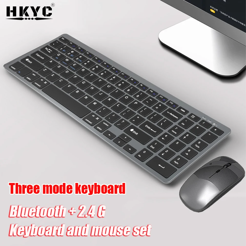 

Беспроводная Bluetooth клавиатура HKYC, трехрежимная Бесшумная полноразмерная клавиатура и мышь, комплект для ноутбука, ноутбука, настольного ПК, планшета