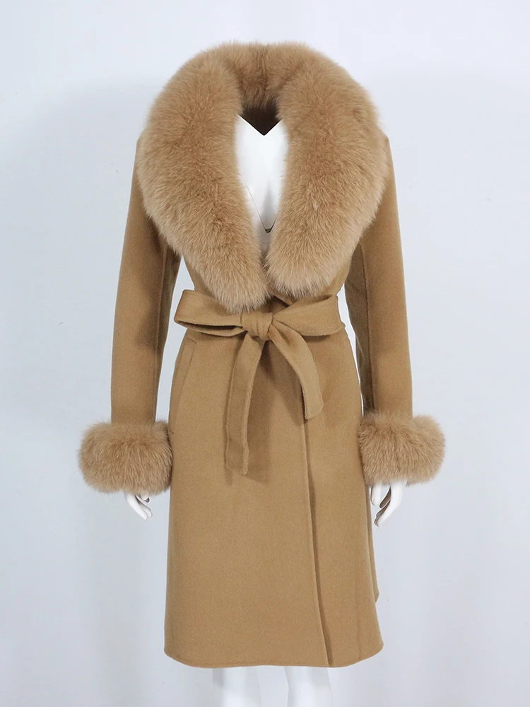 

MENINA BONITA 2022 New X-long Cashmere Wool Blends Real Fur Coat Belt Winter Jacket Women Natural Fox Fur Collar Cuffs Outerwear