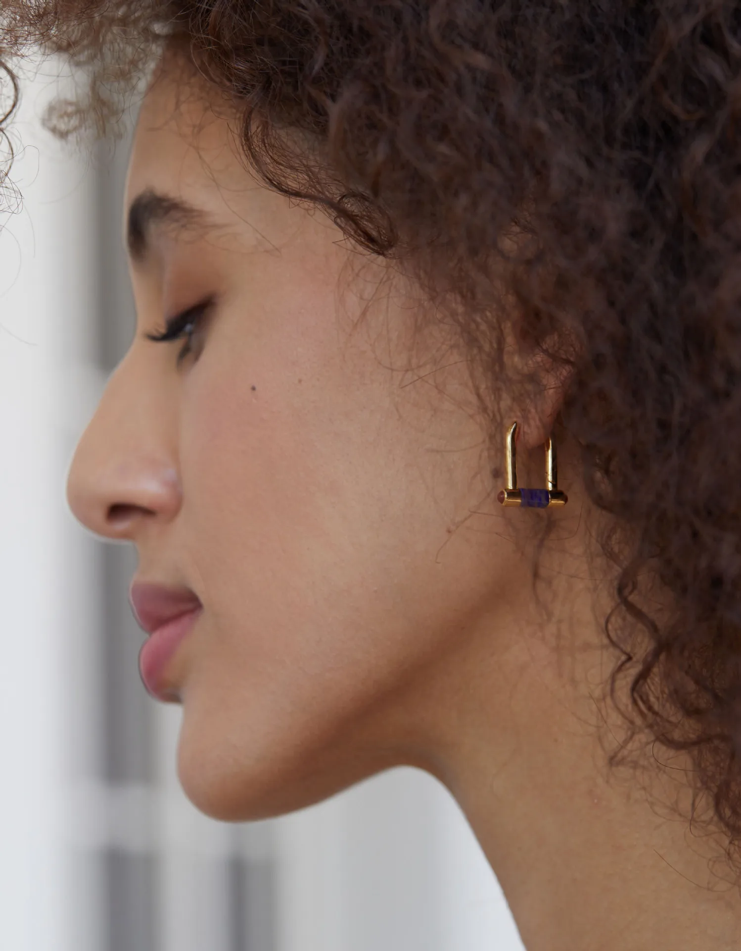 French Trendy Silver and Gold-Plated Lapis Lazuli Huggie U-Hoop Earrings